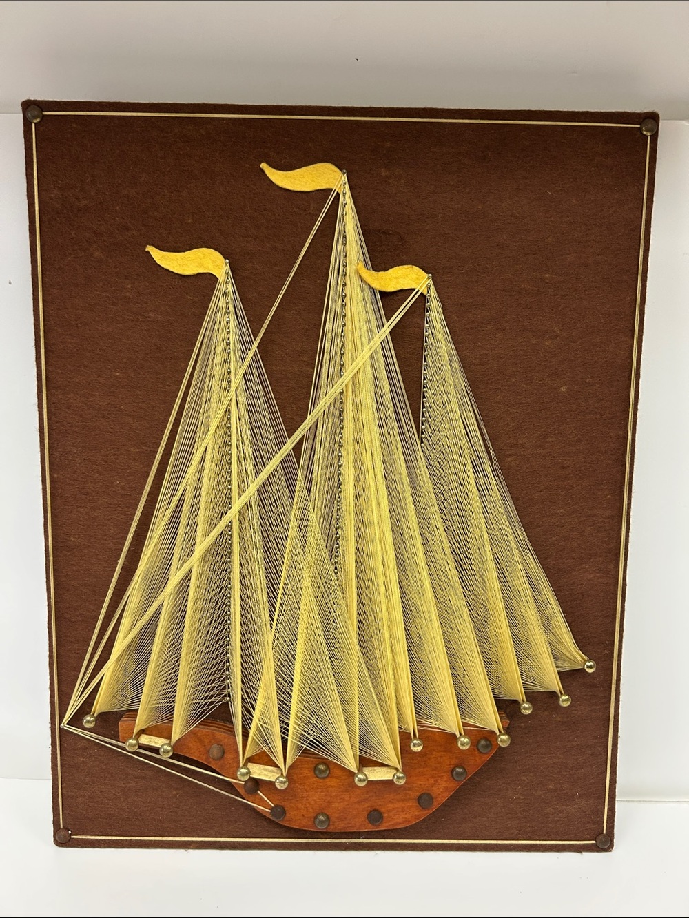 Vintage Mid Century 16 x20 “Clipper Ship” handmade string art on felt